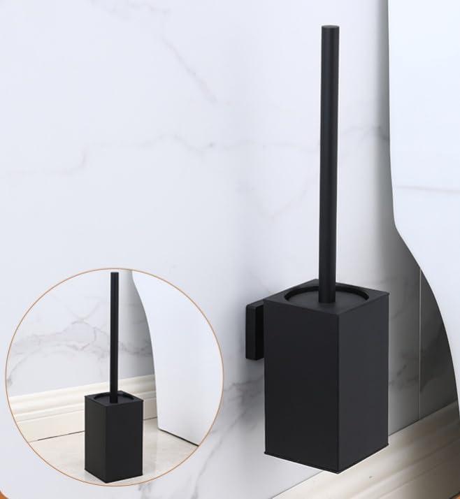Stainless Steel Toilet Brush & Holder,Wall-Mounted, long handle,Square Toilet Brush Set,Heavy Duty Cleaner for Bathroom, with Removable Plastic Brush (Black)