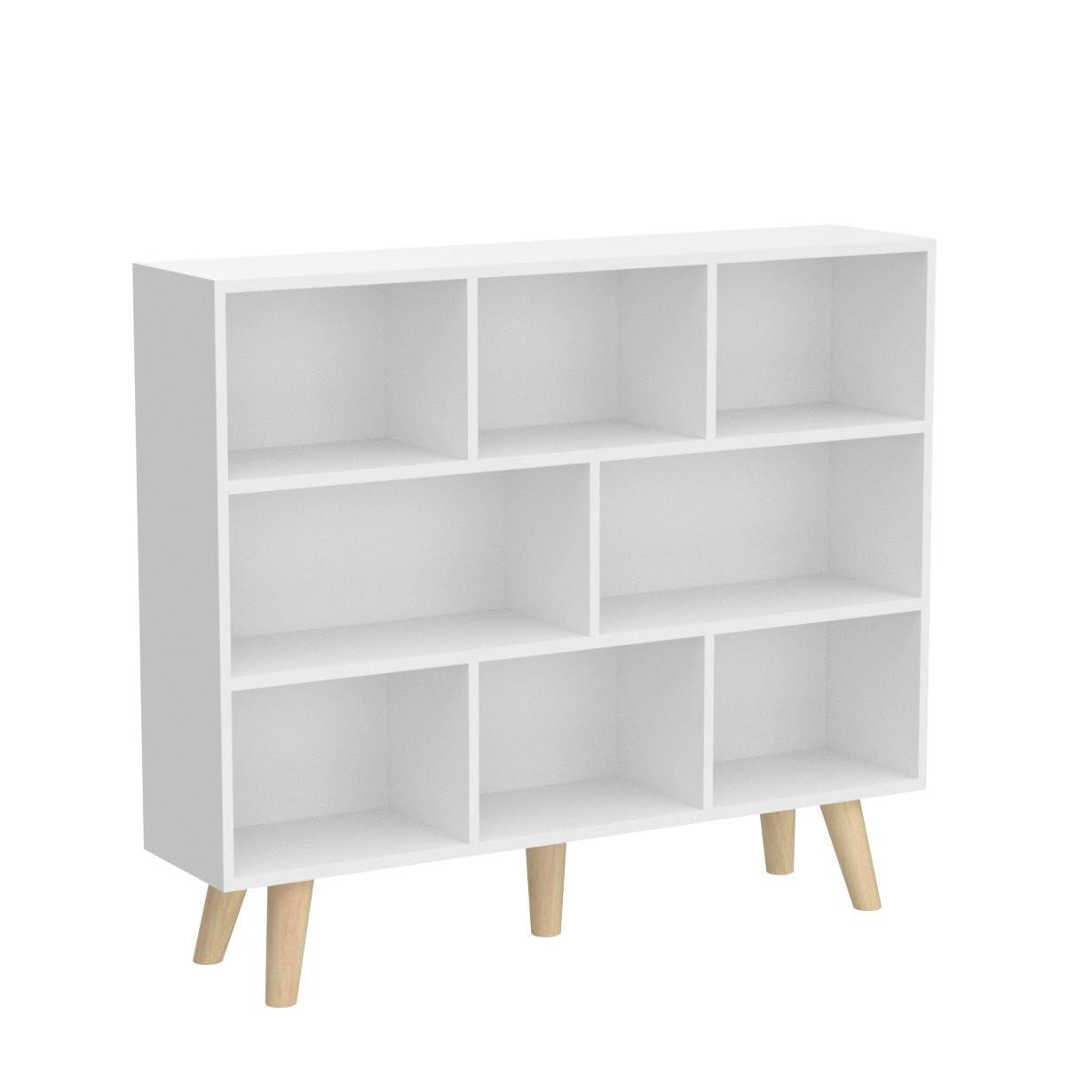 IOTXY Wooden Open Shelf Bookcase - 3-Tier Floor Standing Display Cabinet Rack with Legs, 8 Cubes Bookshelf, Warm White