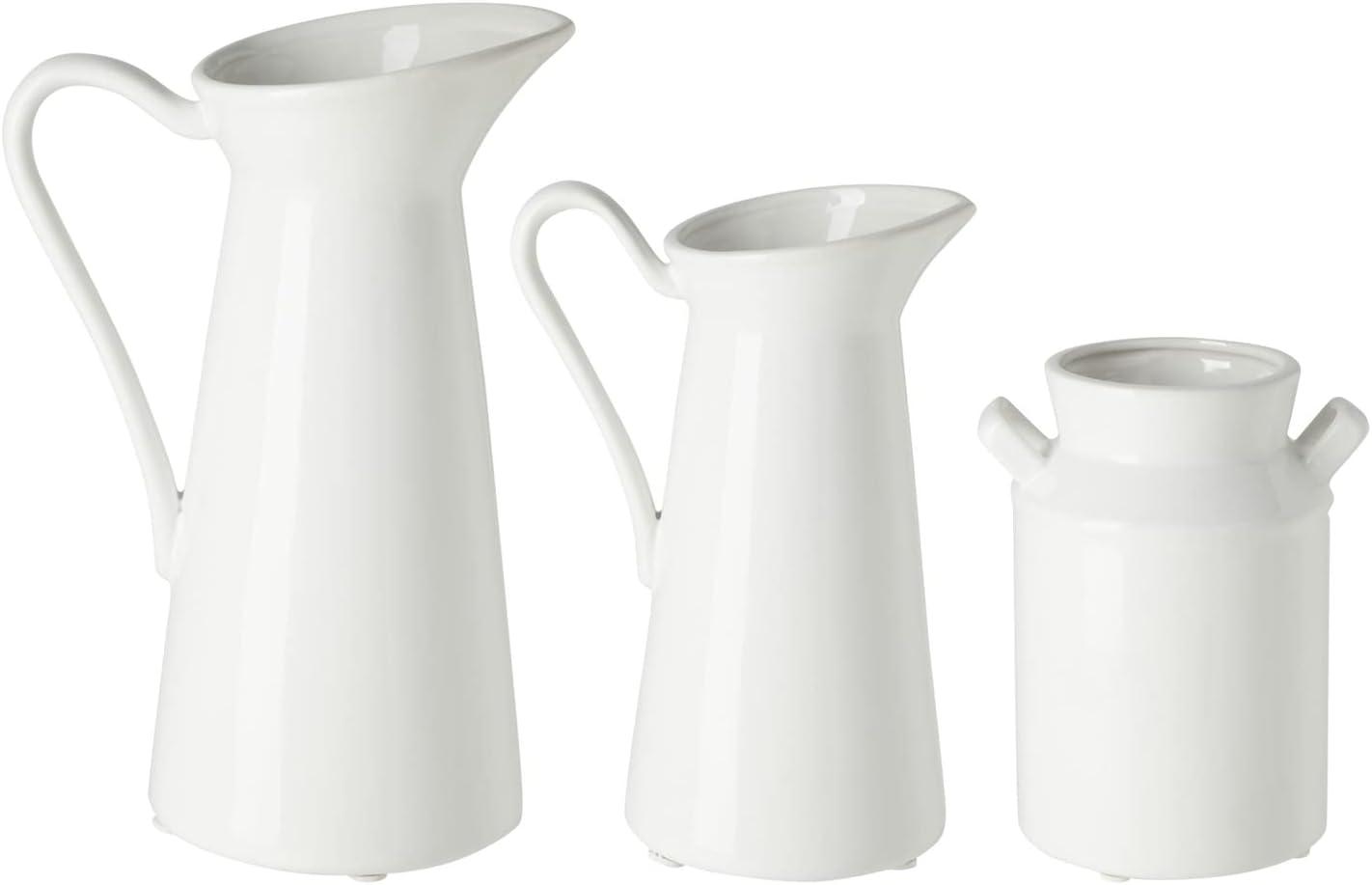 Farmlyn Creek 3 Piece Set Ceramic Pitcher Vases for Home Decor, Small White Centerpieces for Living Room, 3 Sizes