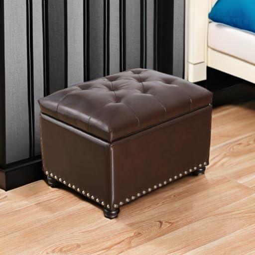 Homebeez Leather Storage Ottoman Folding Upholstered Foot Rest Stool,18 inch Footstool Bench for Bedroom Hallway