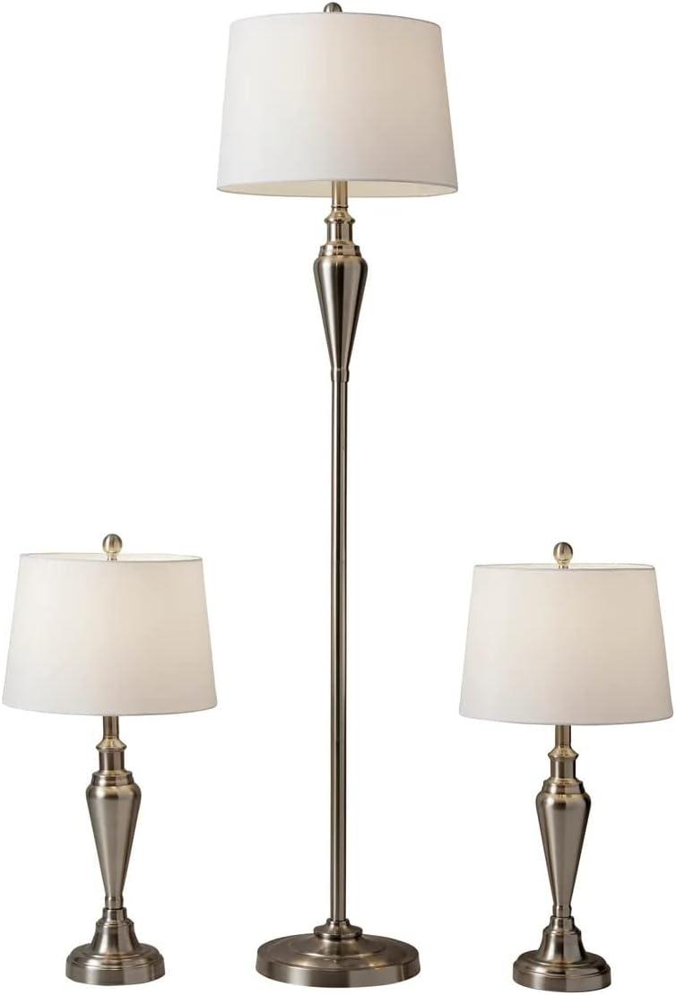 (Set of 3) Glendale Lamp Set Brushed Steel - Adesso: Antique Brass Finish, Polyester Shades, UL Listed