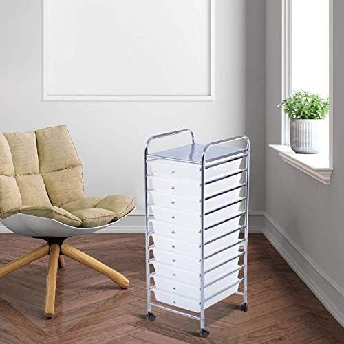 10-Drawer Rolling Storage Cart, Multipurpose Utility Cart Mobile Craft Cart w/Drawers & Wheels, Home Office School Tools Scrapbook Paper Organizer (Clear)