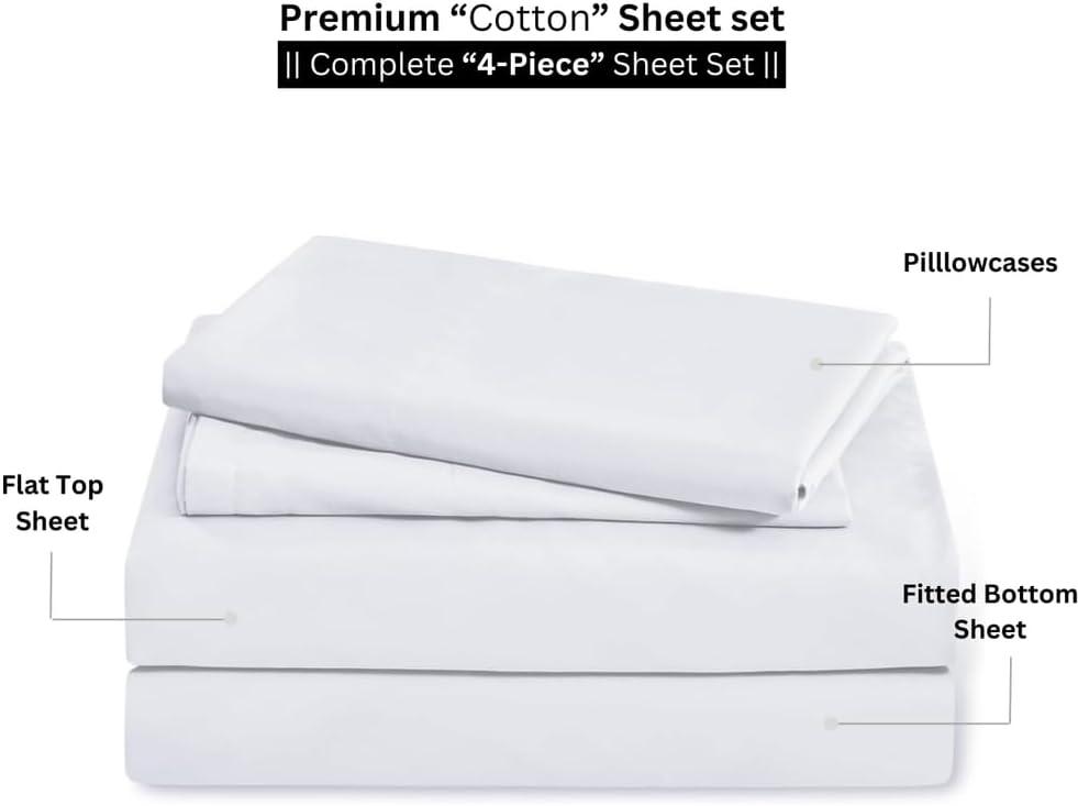 4 Piece Bed Sheet Set, 100% Egyptian Cotton 400 Thread Count, Queen Size 12 Inch Deep Pocket of Cotton Sheets - White Solid.