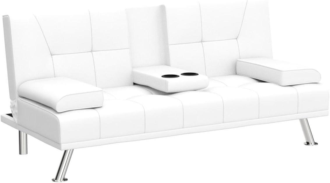 White Faux Leather Convertible Sleeper Sofa with Cup Holders