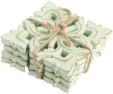 Square Sage Green Carved Wood Coaster Set