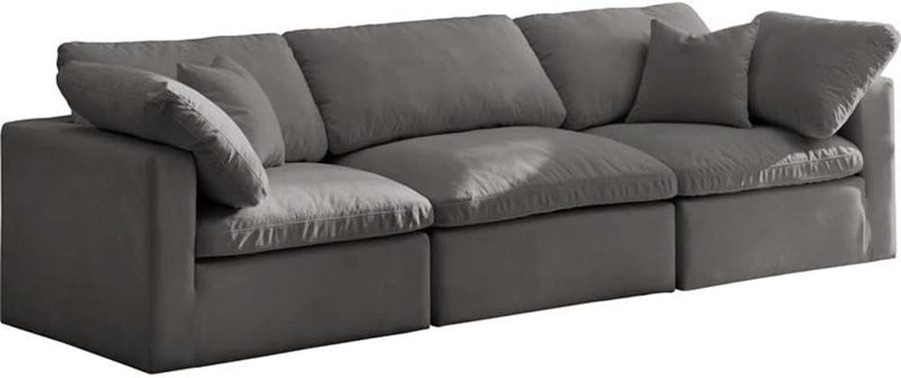 Meridian Furniture Plush Standard Modular Sofa, Soft Grey Velvet, Overstuffed Down Feather Cushions