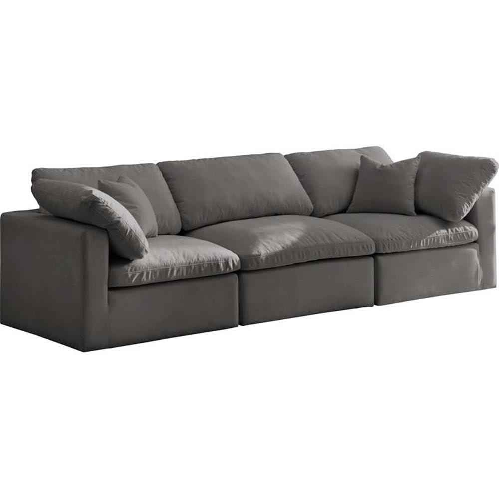 Meridian Furniture Plush Standard Modular Sofa, Soft Grey Velvet, Overstuffed Down Feather Cushions