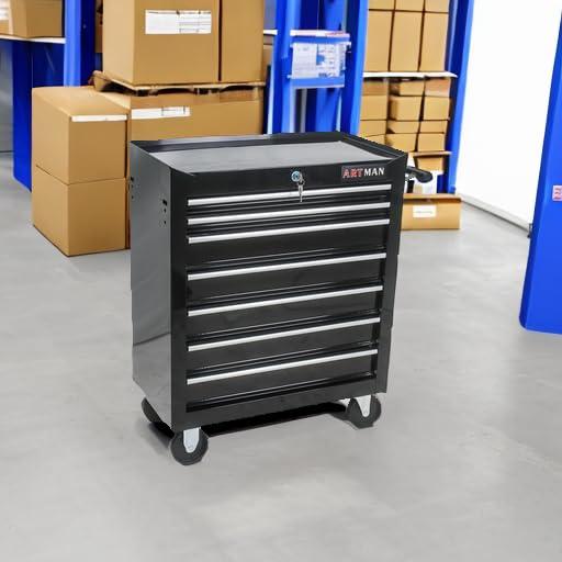 7 Drawer Tool Cart on Wheels, Tool Storage Cabinet with Key Lock, Versatile Rolling Tool Cart for Garages, Warehouses and Repair Shops, Black
