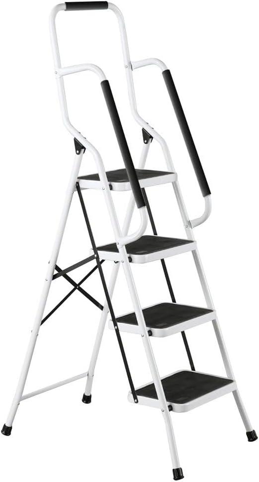 Collections Etc. Folding Anti-Slip Safety Step Ladder with Handrail Grips for Home or Office, Four Steps, 62.5 inches tall, White, White