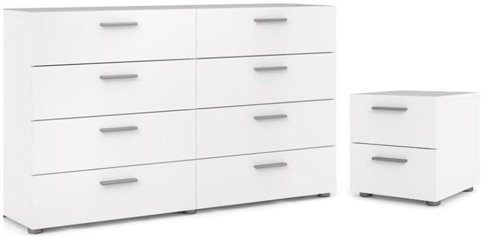 Home Square Scandinavian Look 2 Piece Bedroom Set 8 Drawer Double Dresser and Nightstand in White