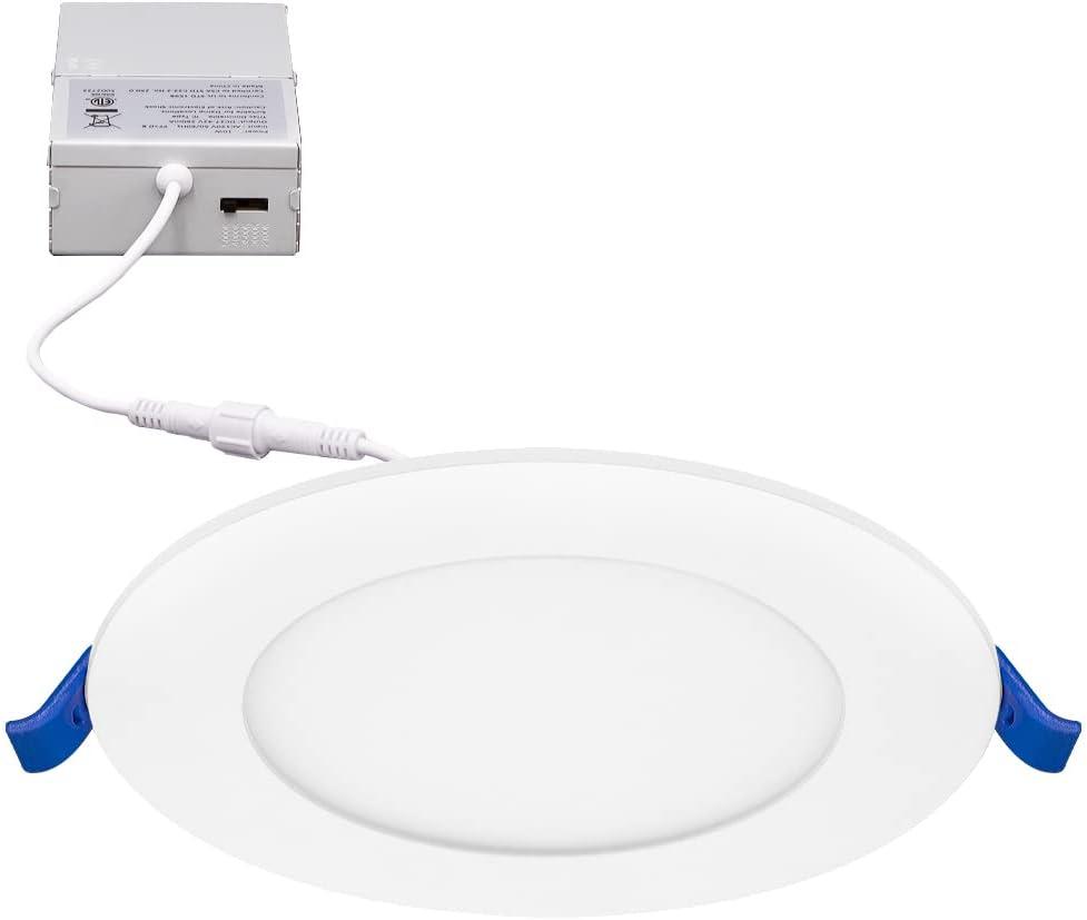 Maxxima 12 Pack 4” Ultra Thin LED Downlight, 750 Lumens, 5 CCT Selectable 2700K-5000K, Dimmable, White Trim, J-Box Included