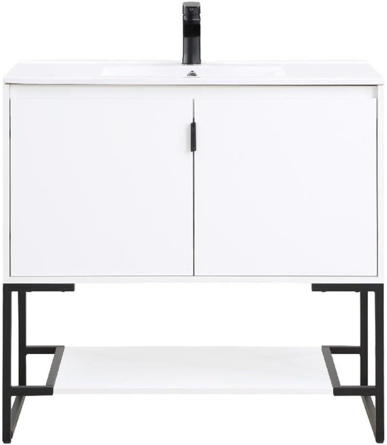36" Scarsdale Bathroom Vanity Sink White - Manhattan Comfort: Ceramic Surface, Wood Frame, Single Basin
