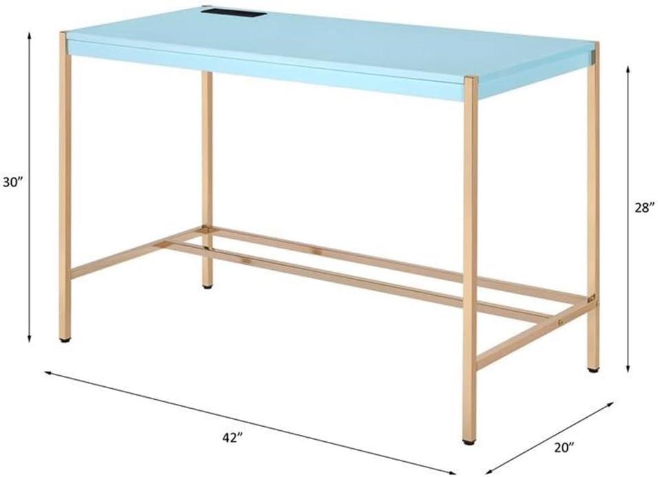 42" Midriaks Writing Desk Baby Blue/Gold Finish - Acme Furniture: Chic Office Furniture with USB Ports