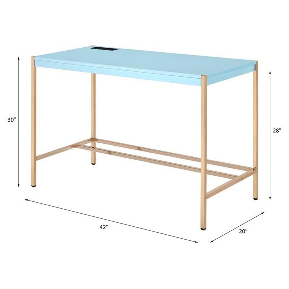 42" Midriaks Writing Desk Baby Blue/Gold Finish - Acme Furniture: Chic Office Furniture with USB Ports