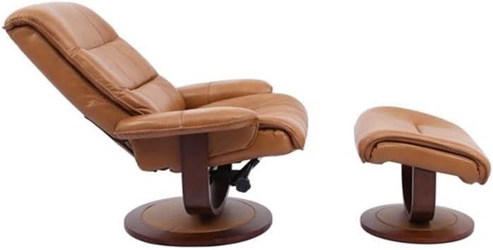 Butterscotch Leather Swivel Recliner with Ottoman and Wood Base