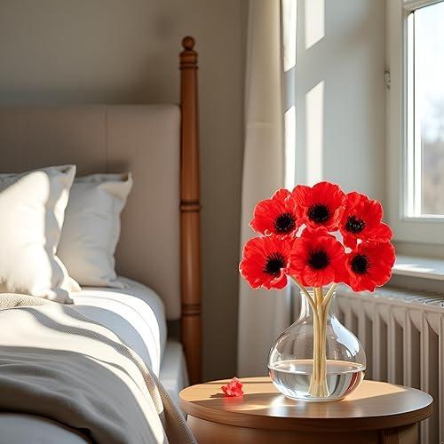 Floral Kingdom Artificial Anemone Poppy, Real Touch Latex, Red, 10 Inch, 8 Pack for Home and Wedding Table Decor, All Season