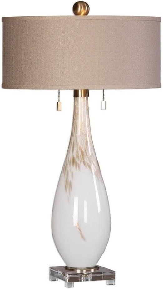 Gloss White and Bronze 32" Glass Table Lamp with Drum Shade