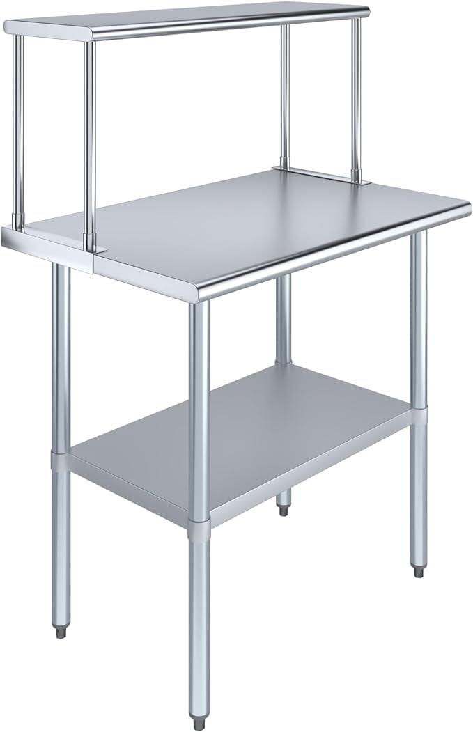 36" Long x 24" Deep" Stainless Steel Work Table With 12" Wide Double Tier Overshelf | Metal Kitchen Prep Table & Shelving Combo