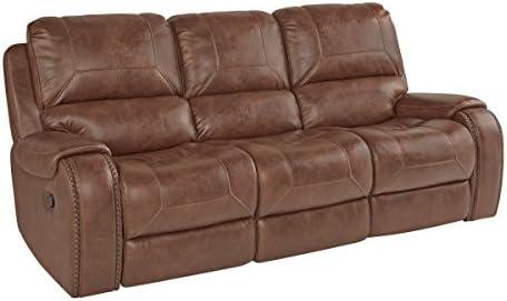 Roundhill Furniture Achern Brown Leather Nailhead Manual Reclining Sofa with Storage Console and USB Port