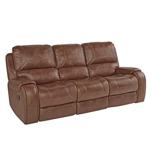 Roundhill Furniture Achern Brown Leather Nailhead Manual Reclining Sofa with Storage Console and USB Port