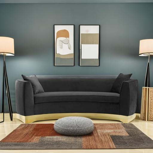 Luxurious Mid-Century Black Velvet Curved Sofa with Gold Base