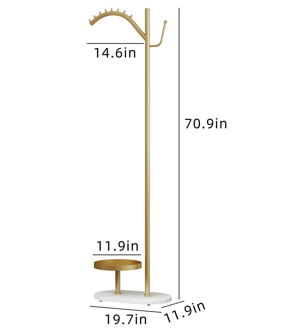 Gold Clothing Garment Rack with Marble Base and Tray, Modern Minimalist Hanging Clothes Rack, for Coats, Hats, Scarves and Handbags of Entryway, Hallway, Bedroom, Office（Golden）