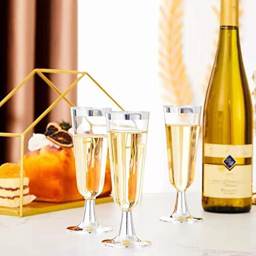 N9R 24pcs Plastic Champagne Flutes with Silver Rim, Clear Disposable Champagne Glasses 5 Oz, Perfect for Wedding and Party Toasting
