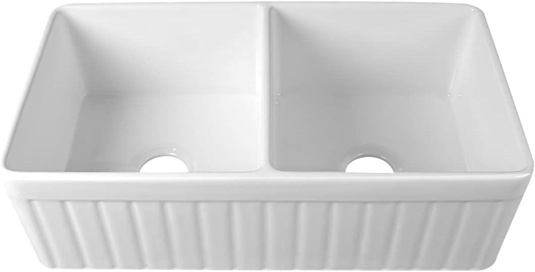 Nova 33" L x 18" W Double Bowl Fireclay Farmhouse Kitchen Sink with Sink Grid and Basket Strainer