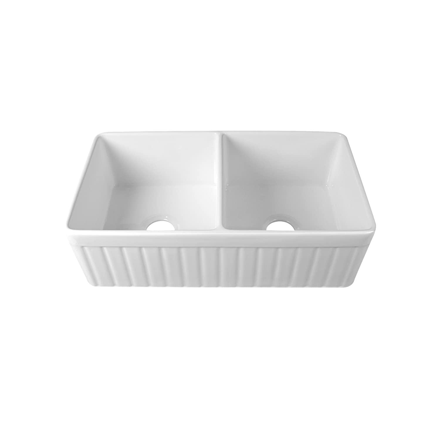 Nova 33" L x 18" W Double Bowl Fireclay Farmhouse Kitchen Sink with Sink Grid and Basket Strainer