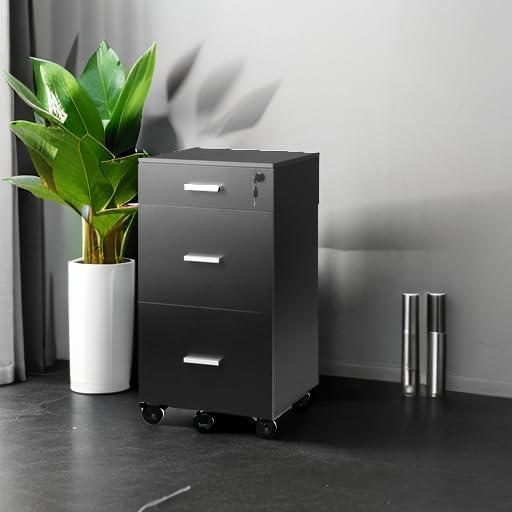 GALAXHERO  3 Drawer Rolling File Cabinet with Lock, Wood Filing Cabinet fits Letter / A4 Size for Home Office, Black