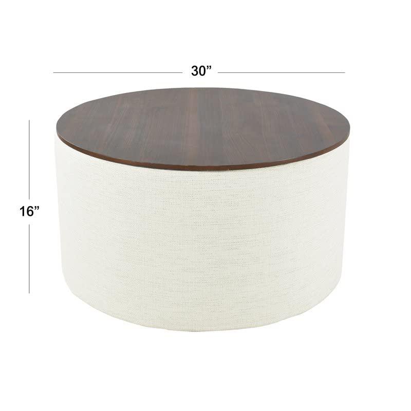 Modern Cream Woven Storage Ottoman with Dark Walnut Wood Top 31"