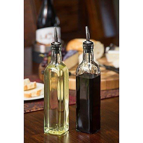 Soro Essentials- Set of 2- Glass 16 oz. Square Cruet with Stainless Steel Pourer - Vinegar and Olive Oil Bottle Dispenser Oil Bottles for Kitchen with Pourers Square Glass Oil Container