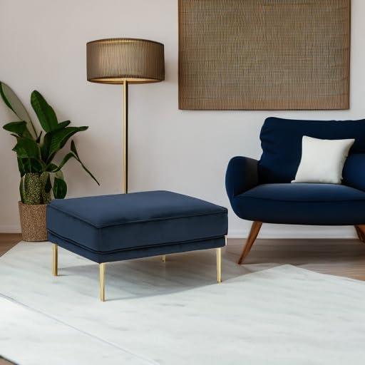 Macleary 29.5" Navy Blue Velvet Ottoman with Brass-Tone Metal Legs
