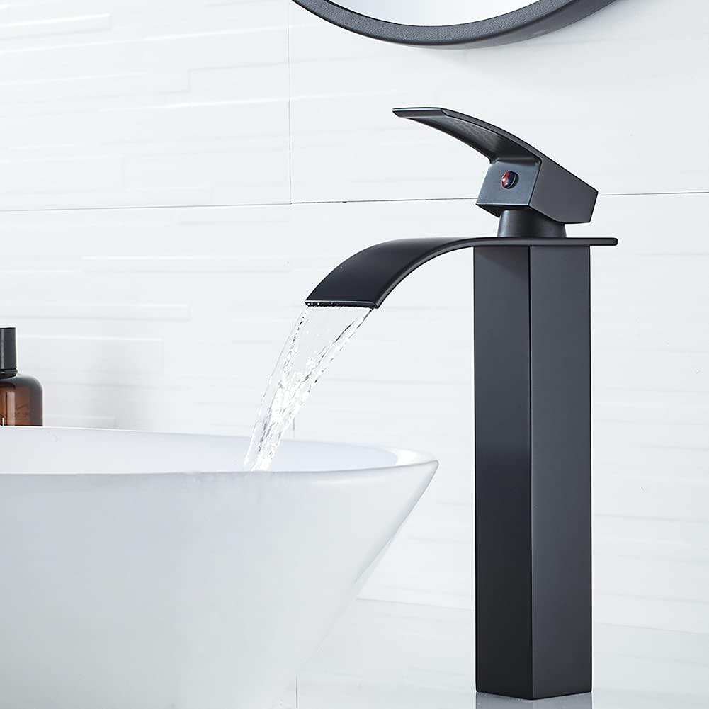 Waterfall Bathroom Faucet Single Handle，Bathroom Sink Faucet 1 Hole，Waterfall Faucet for Bathroom Sink，Vessel Sink Faucet Matte Black Tall Bathroom Faucet