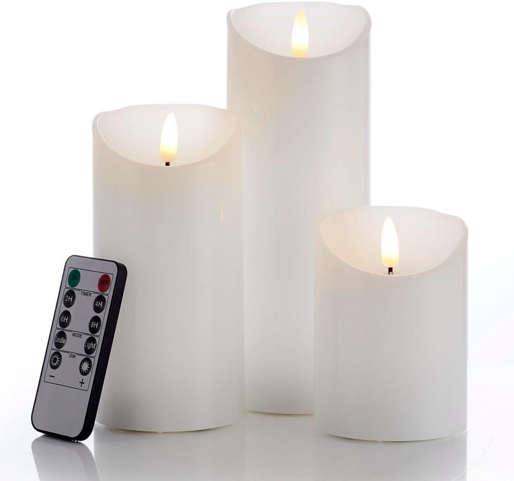 Gzxs Flameless LED Candles Set of 3, Realistic Pillar Candles with Remote and Timer, Battery Operated Candles for Room Fall Decor Wedding Christmas Decorations (White)