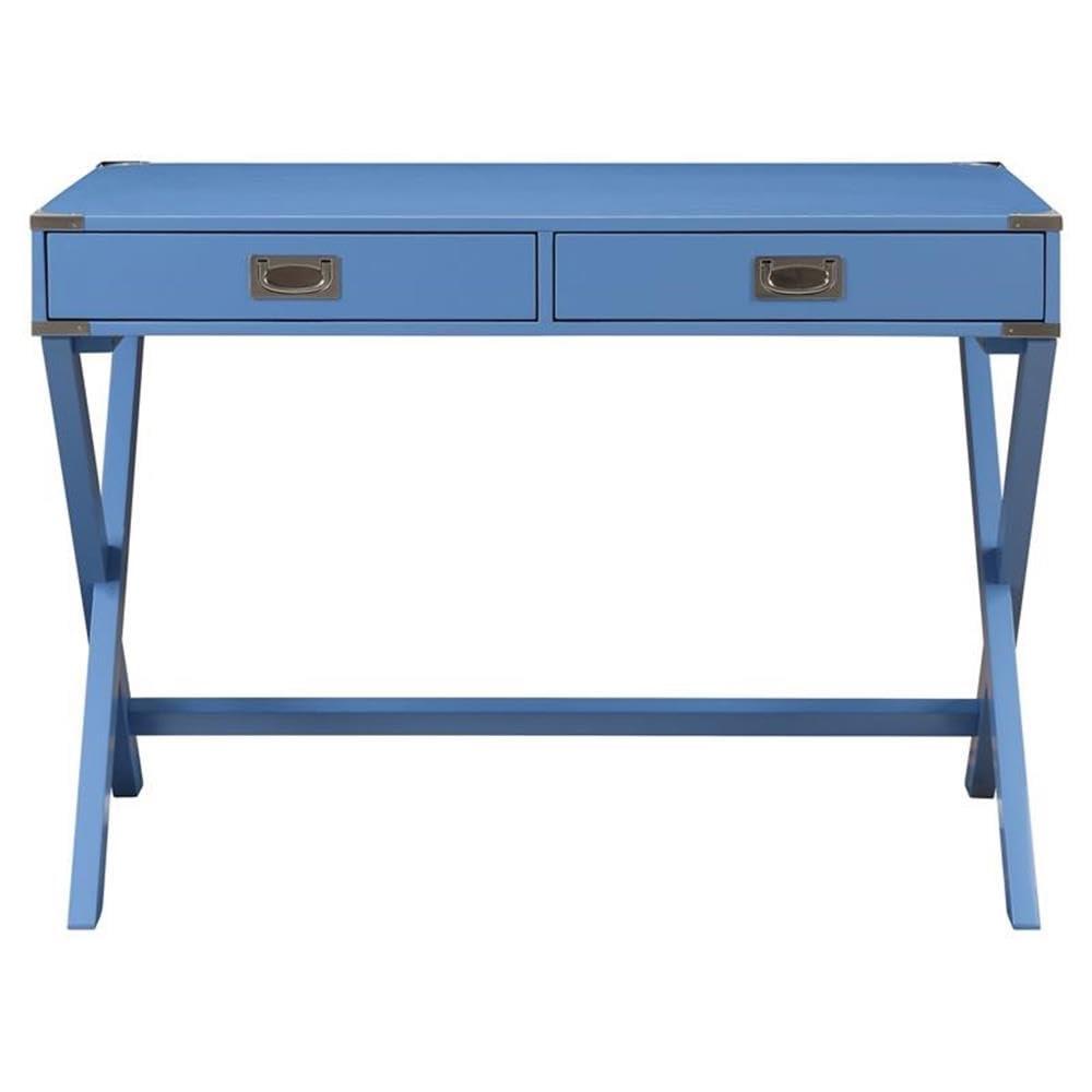 ACME Amenia Wooden Rectangular 2-Drawer Writing Desk with X-Shaped Base in Blue