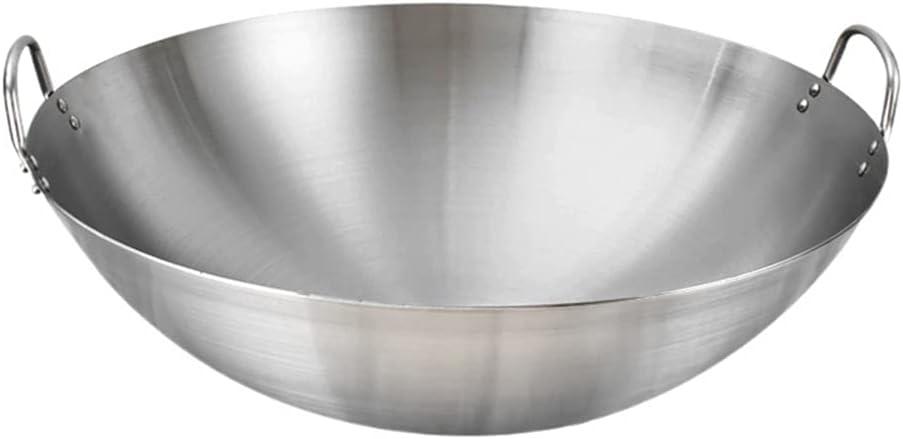 Silver Stainless Steel Double Handle Flat Bottom Wok