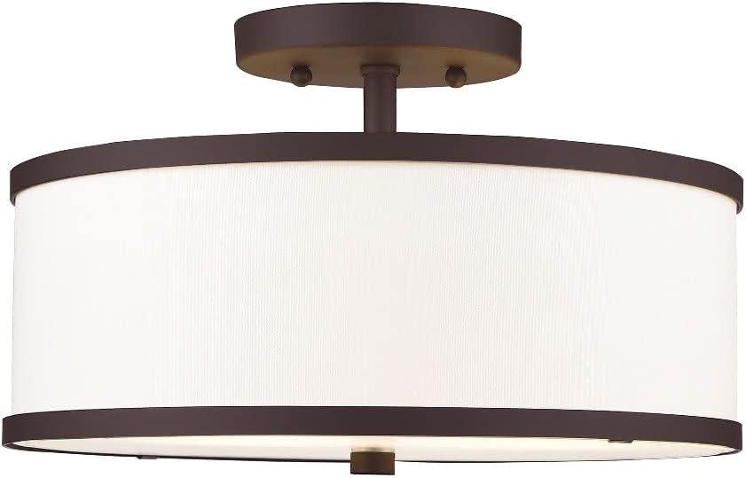 Antique Brass and Off-White Fabric Semi-Flush Mount Light