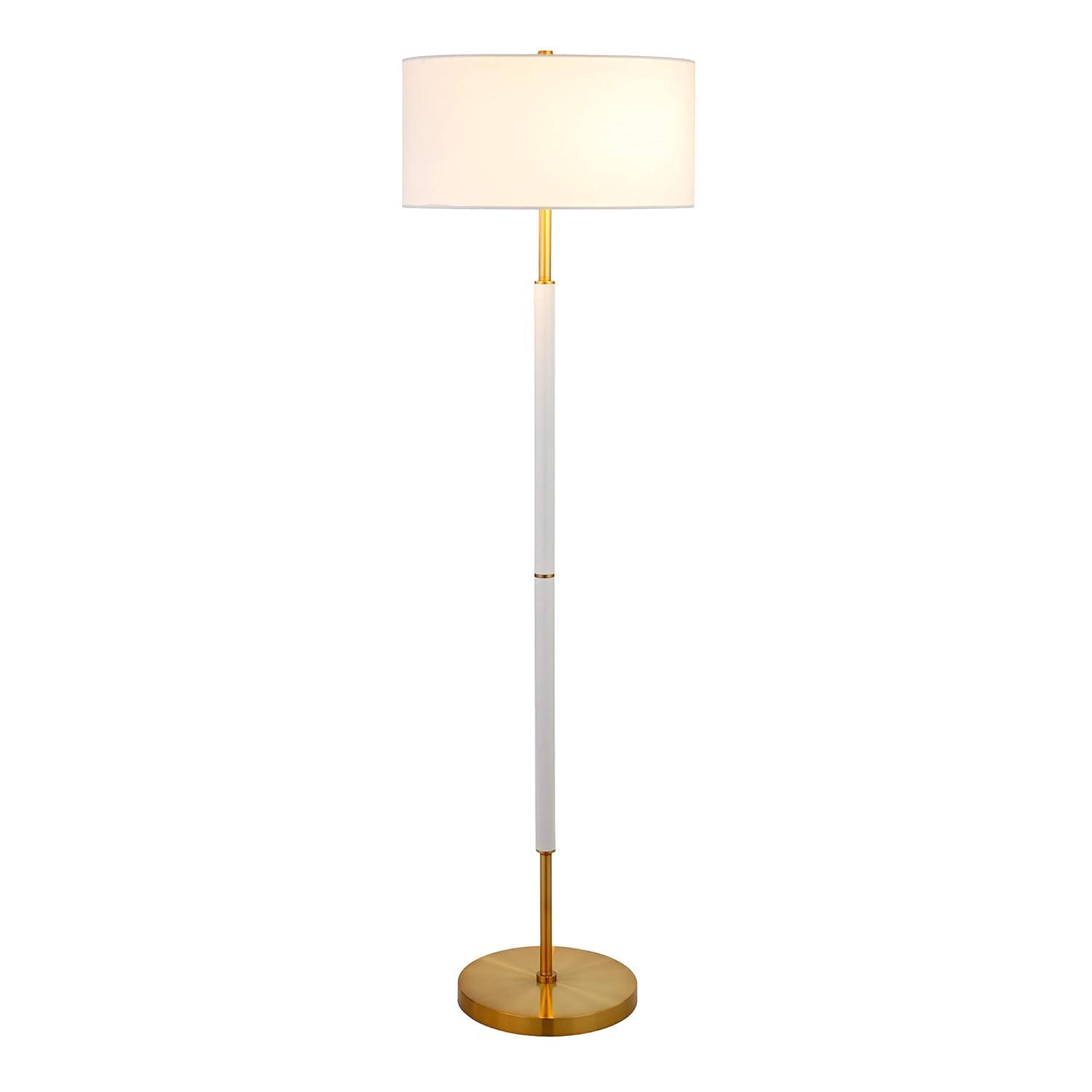 Evelyn&Zoe Simone 2-Light Floor Lamp with Fabric Shade, Matte White/Brass/White