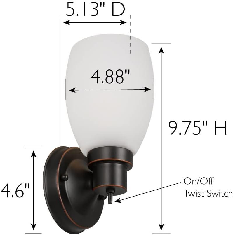 Design House 588814-Orb Lydia Transitional 1-Light Indoor Wall Light Dimmable with a White Frosted Glass Shade and Twist On/Off Switch for Hallway Foyer Bathroom, Oil Rubbed Bronze