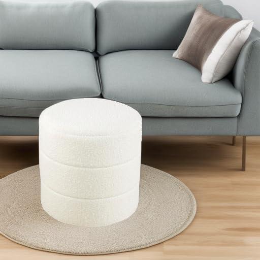 Round Upholstered Ottoman Cream Boucle - HomePop: Textured, No Assembly, 250lb Capacity