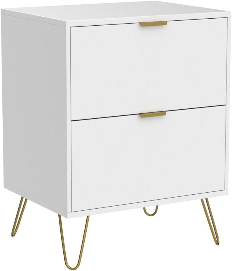 White Nightstand Set of 2, End Side Table Double, Bedside Table with 2 Drawers, Dual Night Stand Metal Legs for Bedroom Living Room