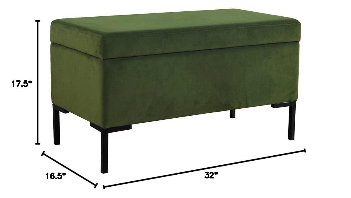 Medium Storage Bench with Metal Legs Green Velvet - HomePop: Upholstered Rectangular Ottoman for Bedroom, 250lb Capacity