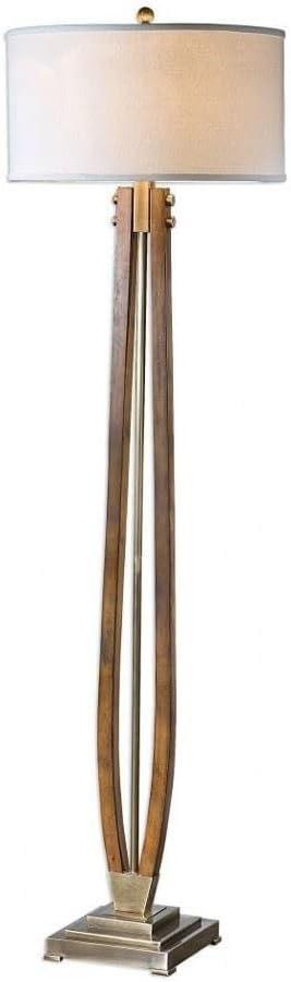 Burnished Honey Wood and Bronze Floor Lamp with Linen Shade