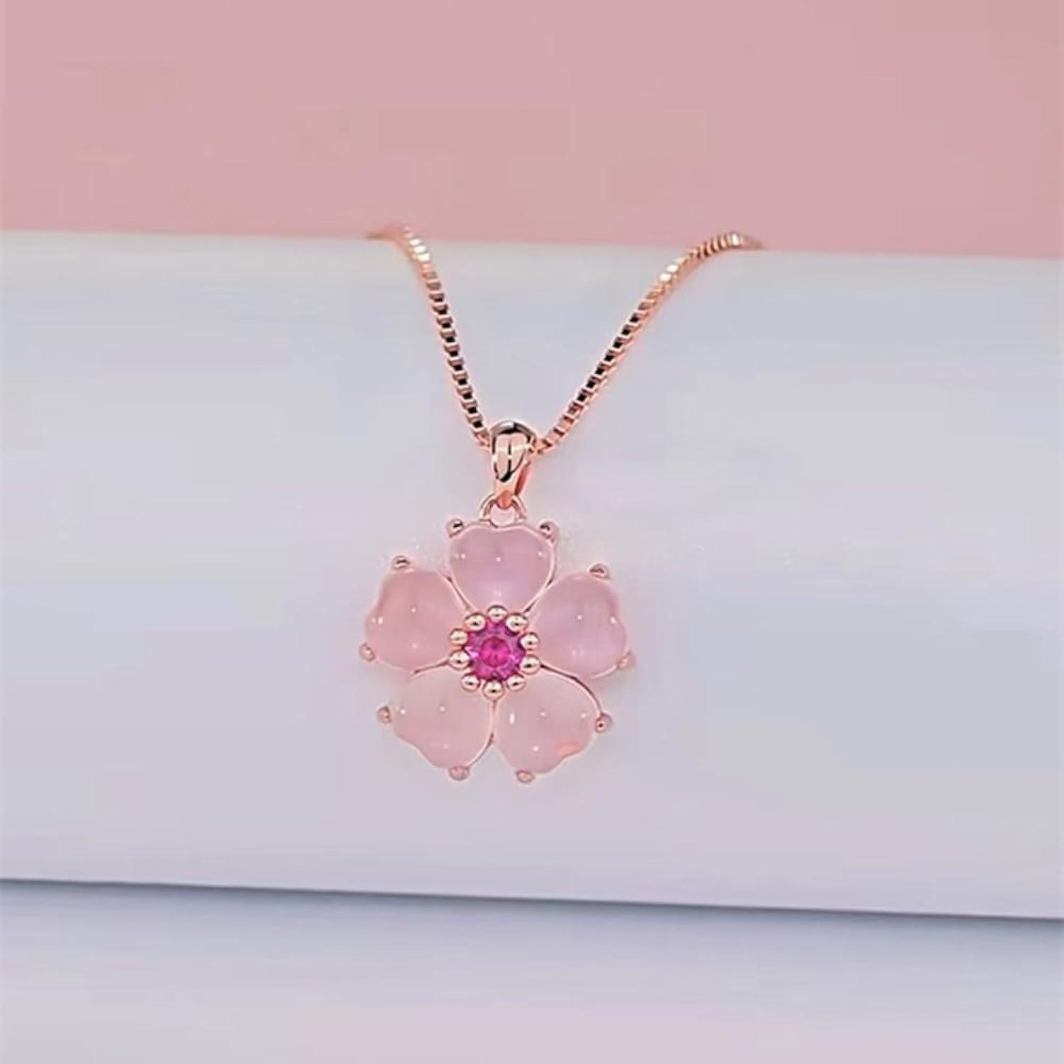 YOUMIYA Rose Gold Cherry Blossoms Necklace for Graduation Pink Beautiful Artificial Stone Crystal Necklace Best Gifts for Women Friend Lover