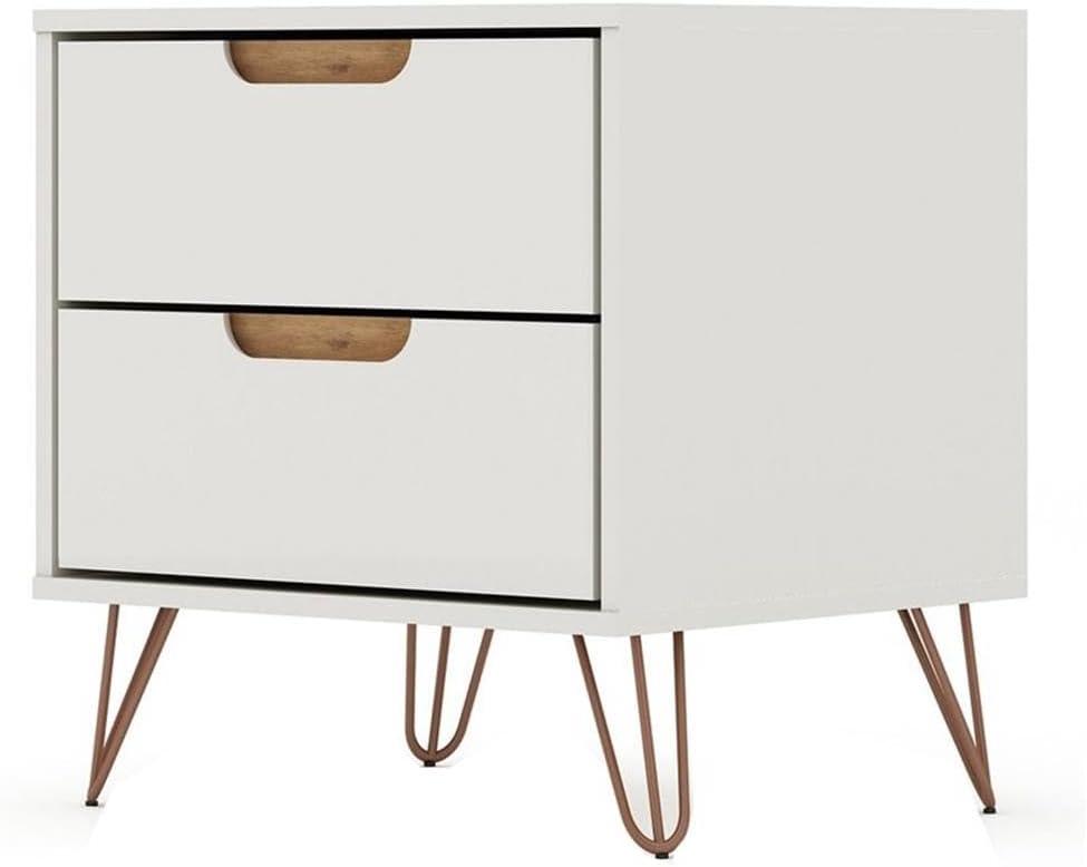 Manhattan Comfort 2.0 Rockefeller Nightstand Off White/Natural: Mid-Century Design, Splayed Metal Legs, Dual Drawers