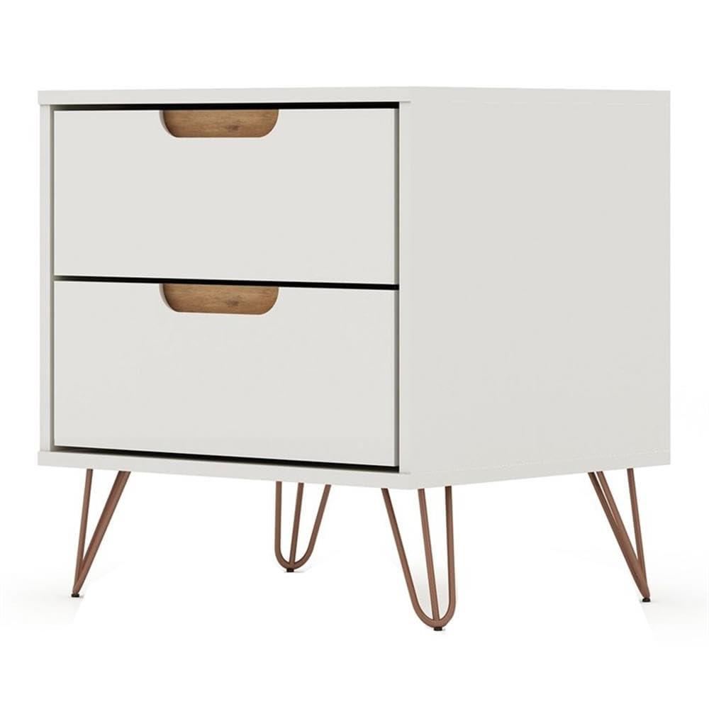Manhattan Comfort 2.0 Rockefeller Nightstand Off White/Natural: Mid-Century Design, Splayed Metal Legs, Dual Drawers