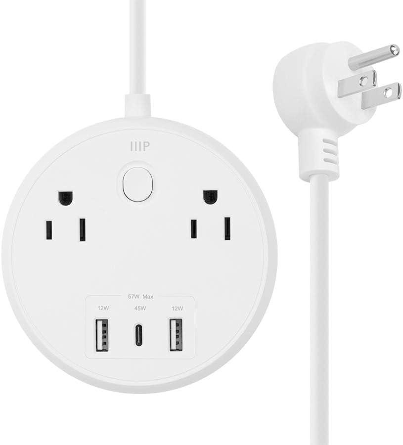 Compact White USB-C Power Strip with 2 Outlets and 57W 3 USB Ports