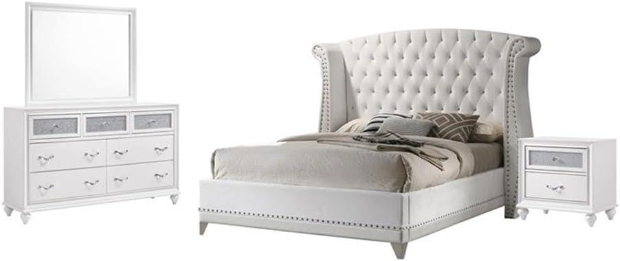 White Velvet and Leatherette California King 4-Piece Bedroom Set