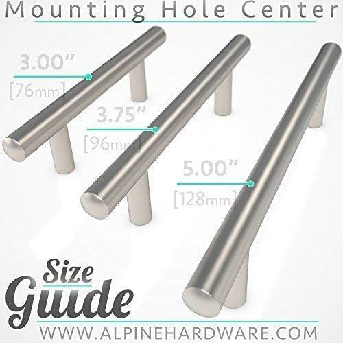 Alpine Hardware Solid Euro Style Bar Handle Pull | 5Pack ~ 3.75" Hole Center & 6.125" Length | Heavy Stainless Steel T-Bar Handle Pull with a Rounded End & Matte Nickel Finish | Cabinet Hardware